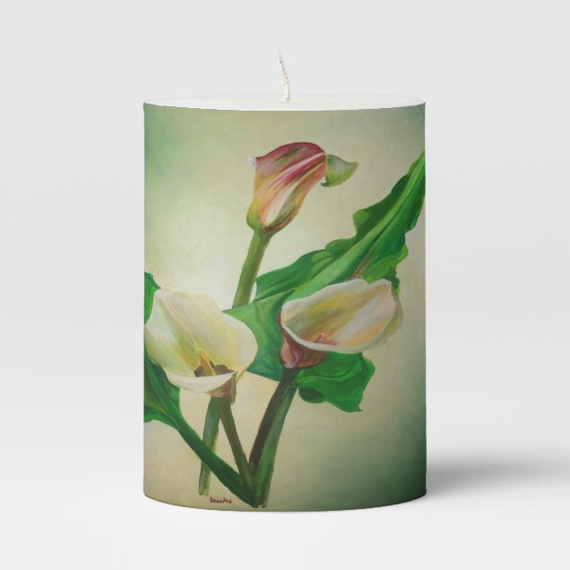 Three Calla Lilies Stunning Botanical Acrylic  Pillar Candle (Front)