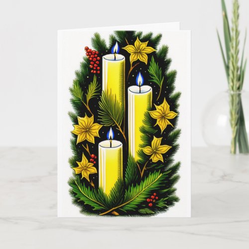 Three Candles Winter Greens  Berries Card