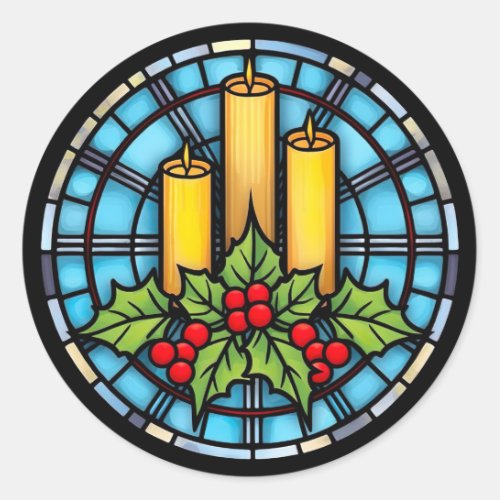 Three Candles With Holly Christmas Stained Glass  Classic Round Sticker