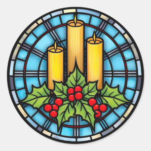 Three Candles With Holly Christmas Stained Glass Classic Round Sticker
