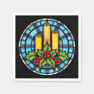 Three Candles With Holly Christmas Stained Glass Napkins