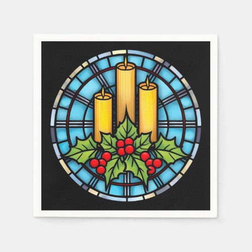 Three Candles With Holly Christmas Stained Glass  Napkins