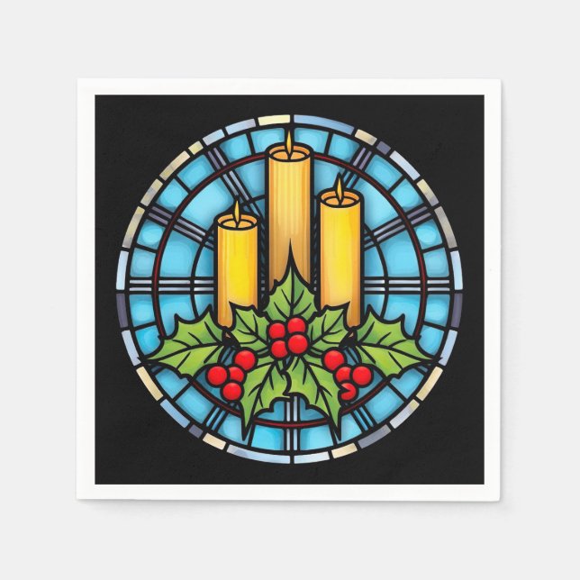 Three Candles With Holly Christmas Stained Glass  Napkins (Front)