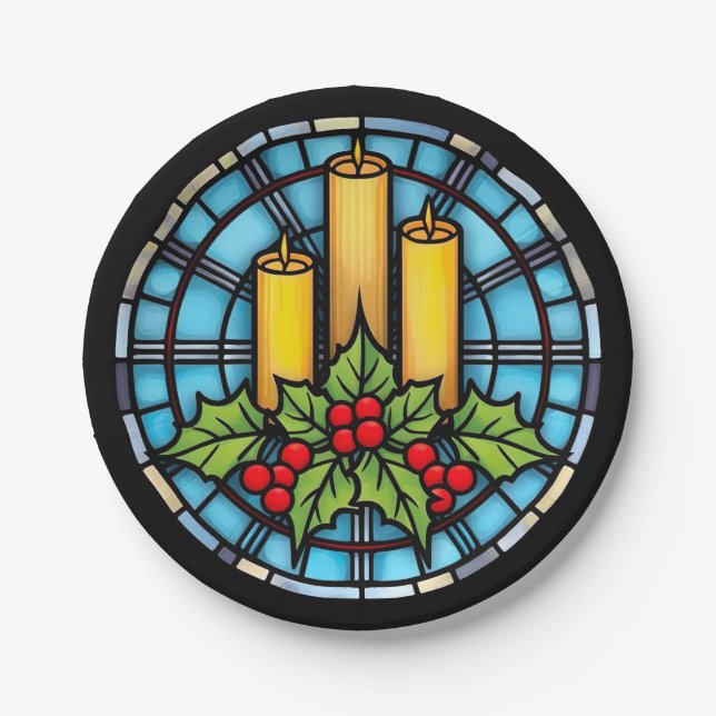 Three Candles With Holly Christmas Stained Glass  Paper Plates (Front)