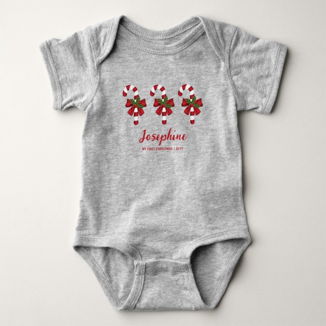 Three Candy Canes - My First Christmas And Name Baby Bodysuit (Front)