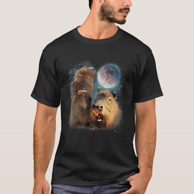 Three Capybaras and Moon Funny Capybara Humor Paro T-Shirt (Front)