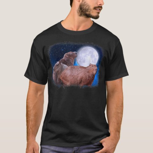 Three Capybaras and Moon Funny Capybara Humor Paro T_Shirt