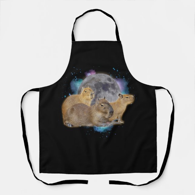Three Capybaras Moon Funny Capybara Meme Mystical  Apron (Front)