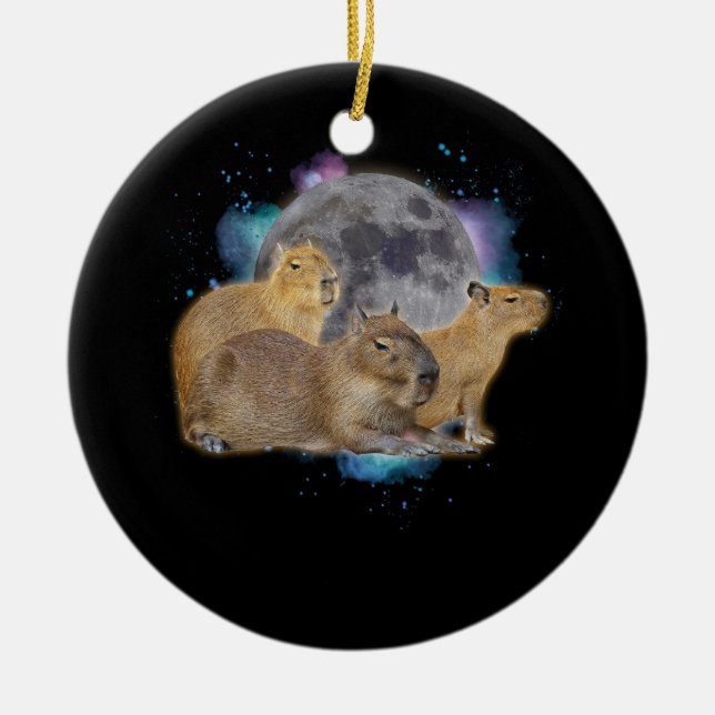 Three Capybaras Moon Funny Capybara Meme Mystical  Ceramic Ornament (Front)