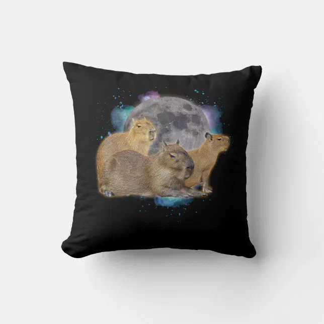 Three Capybaras Moon Funny Capybara Meme Mystical  Throw Pillow (Front)