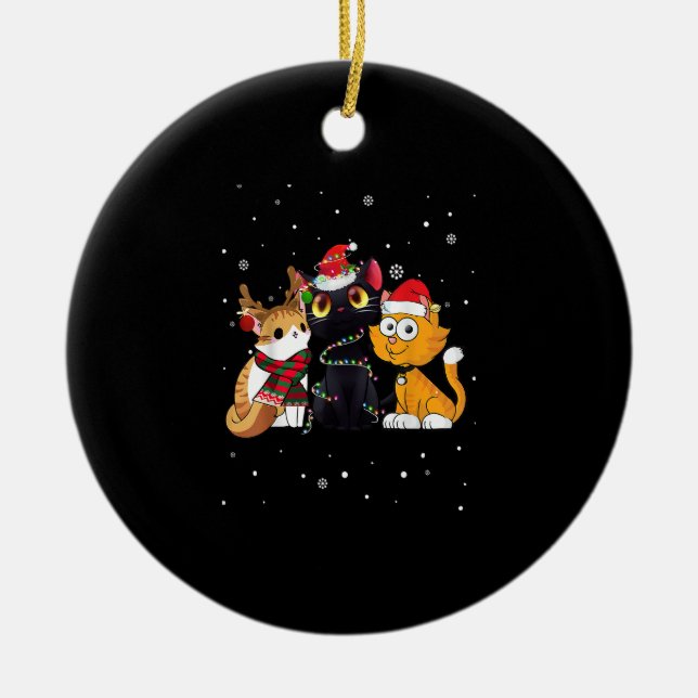 Three Cat Christmas Funny Kitty Santa Hat And Ligh Ceramic Ornament (Front)