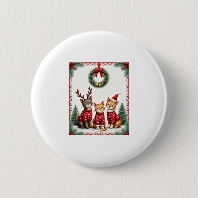Three Cat Funny Christmas Cat Ugly Xmas Sweater Me Button (Front)