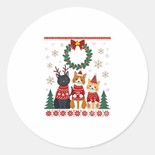 Three Cat Funny Christmas Cat Ugly Xmas Sweater Me Classic Round Sticker