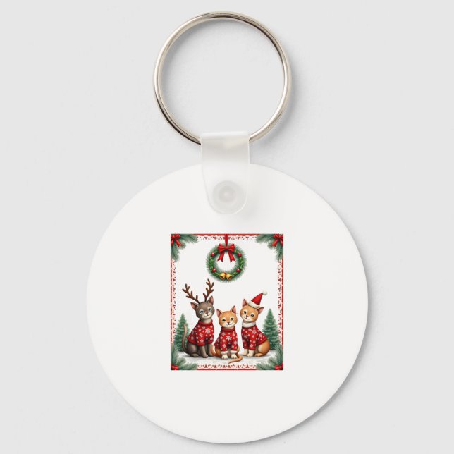 Three Cat Funny Christmas Cat Ugly Xmas Sweater Me Keychain (Front)