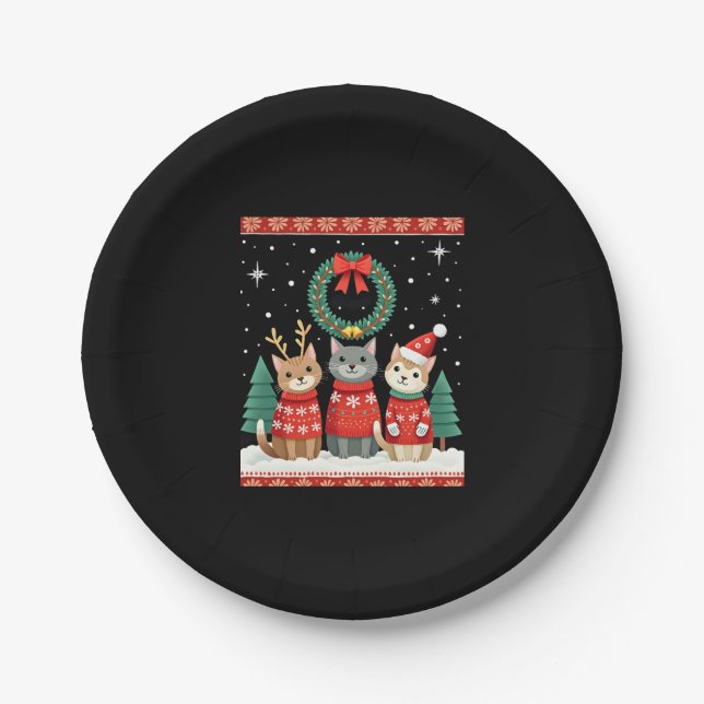 Three Cat Funny Christmas Cat Ugly Xmas Sweater Me Paper Plates (Front)