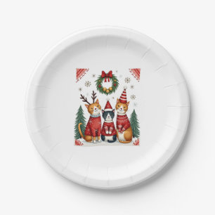 Three Cat Funny Christmas Cat Ugly Xmas Sweater Me Paper Plates