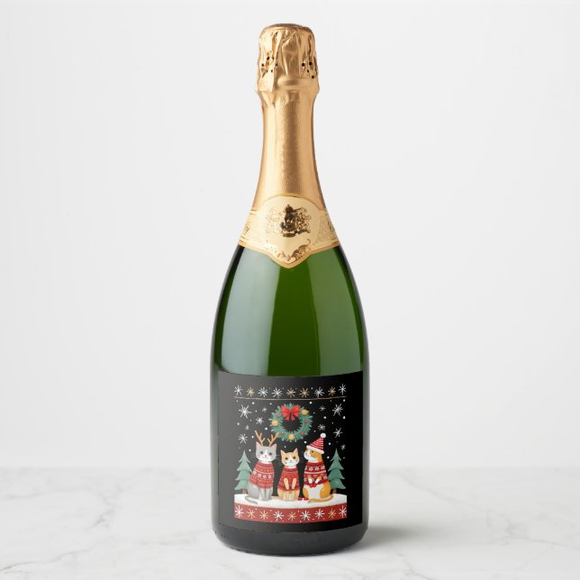 Three Cat Funny Christmas Cat Ugly Xmas Sweater Me Sparkling Wine Label (Front)
