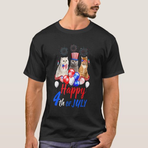 Three Cat Happy 4th Of July Balloon Independence D T-Shirt