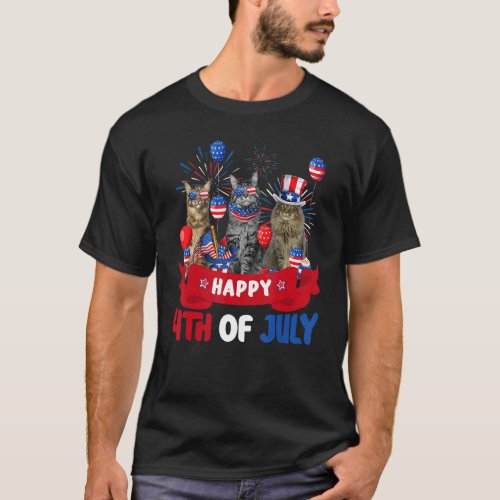 Three Cat Happy 4th Of July Balloon  Independence  T-Shirt