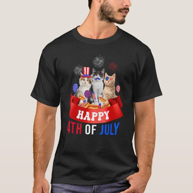 Three Cat Happy 4th Of July Balloon Lover Independ T-Shirt (Front)