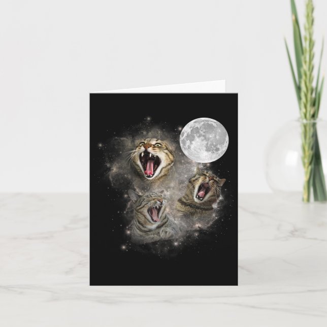 Three Cat Meow Moon Funny Weird Cursed Meme  Card (Front)