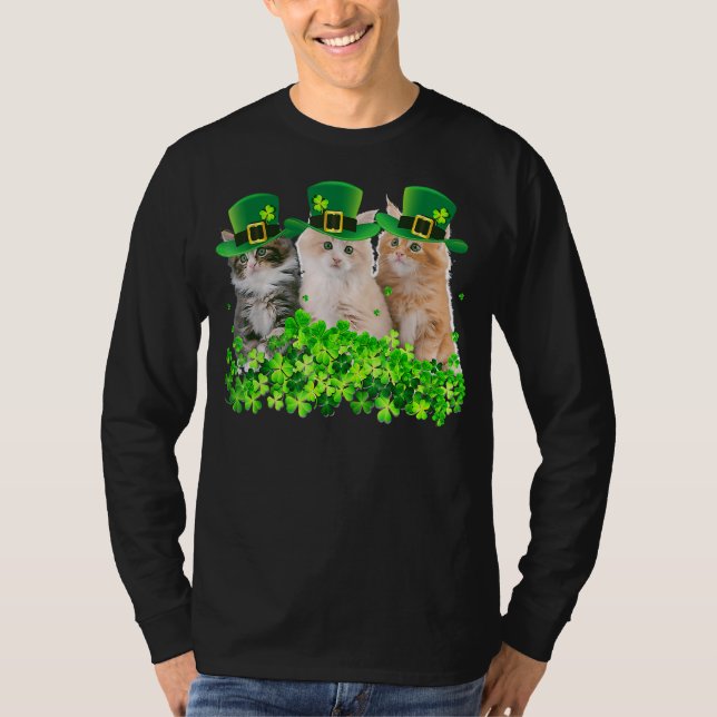 Three Cat St Patricks Day Kitty Kitten Lover Irish T-Shirt (Front)