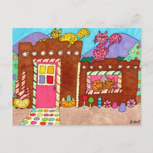 Three Cats at an Adobe Gingerbread House Postcard