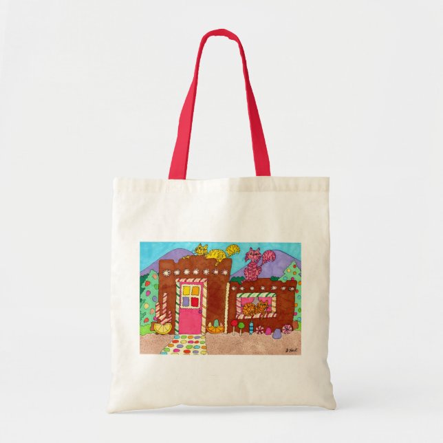 Three Cats at an Adobe Gingerbread House Tote Bag (Front)
