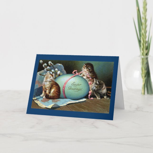 Three Cats & Big Blue Easter Egg Holiday Card (Front)