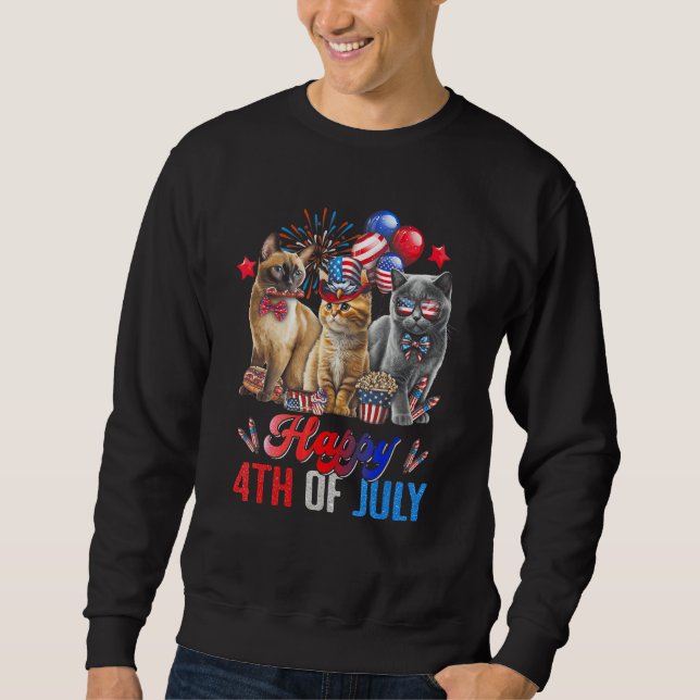 Three Cats Happy 4th Of July Cat  Independence Day Sweatshirt (Front)