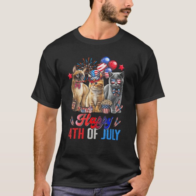 Three Cats Happy 4th Of July Cat  Independence Day T-Shirt (Front)