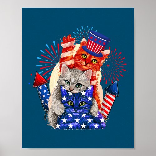 Three Cats Hat American Flag Fireworks Cute 4th Poster