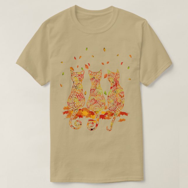 Three Cats Hello Fall Autumn Leafs  T-Shirt (Design Front)