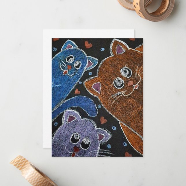 Three cats illustration note card (Front/Back In Situ)