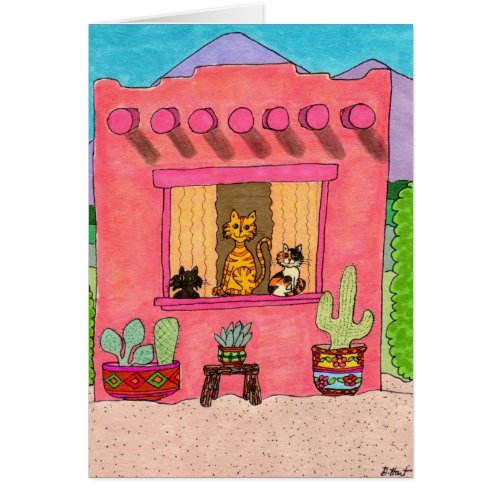 Three Cats in a Pink Adobe House