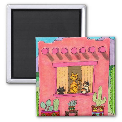 Three Cats in a Pink Adobe House Magnet