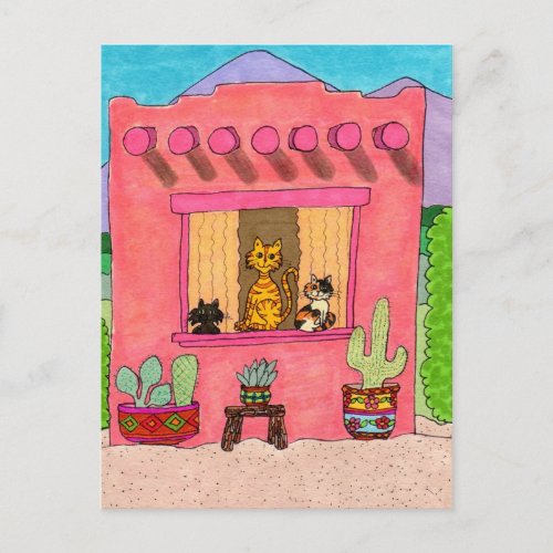 Three Cats in a Pink Adobe House Postcard
