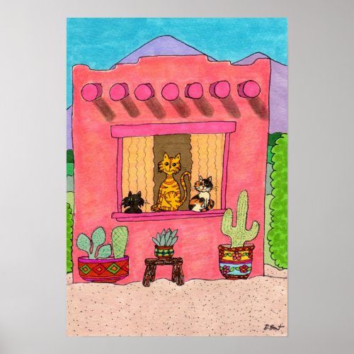 Three Cats in a Pink Adobe House Poster