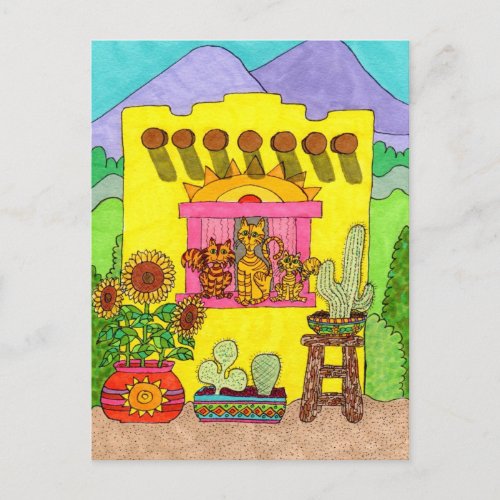 Three Cats in a Yellow Adobe House Postcard