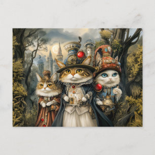 Three Cats in Steampunk Fantasy Forest Postcard