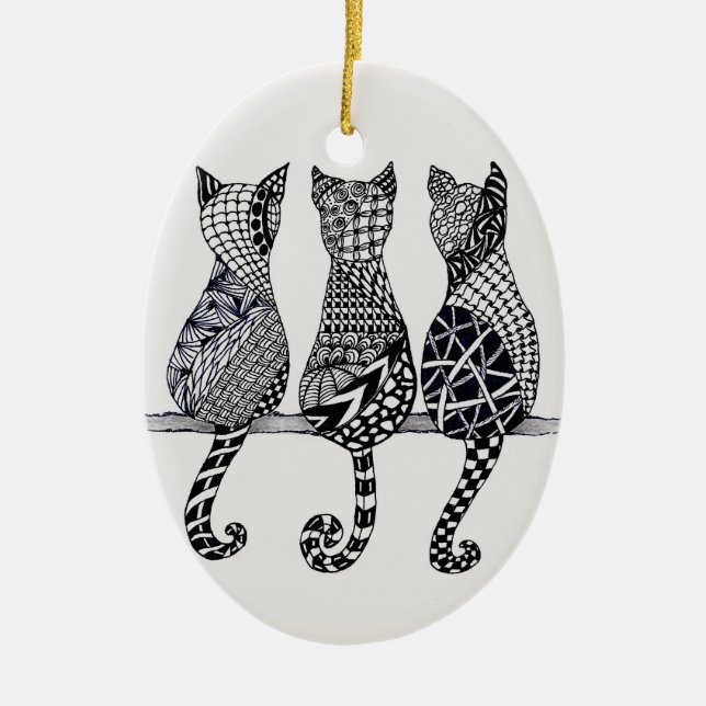 Three Cats Meow, optional personalization Ceramic Ornament (Front)