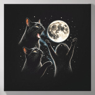 Three Cats Moon Funny Black Cat Full Moon Night Canvas Photo Tile