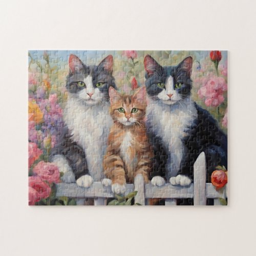 Three Cats On The Fence Jigsaw Puzzle