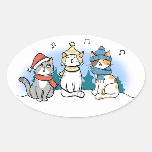 Three Cats singing Christmas Carols in the Snow Cl Oval Sticker