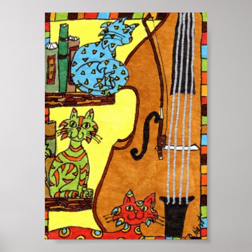 Three Cats with a Bass Fiddle Mini Folk Art Poster