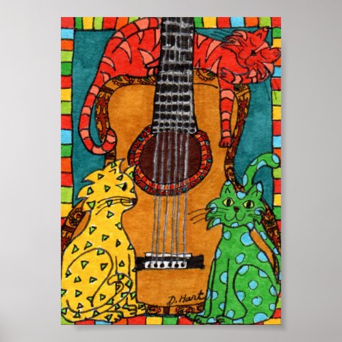 Three Cats with a Guitar Mini Folk Art Poster