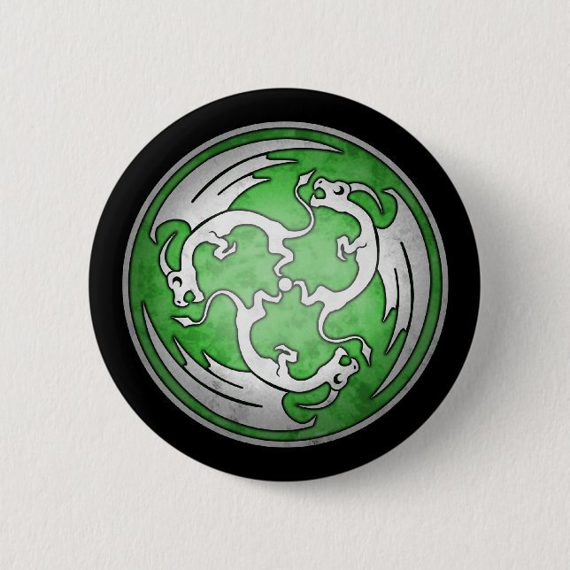 Three Celtic Dragons Button - Green (Front)