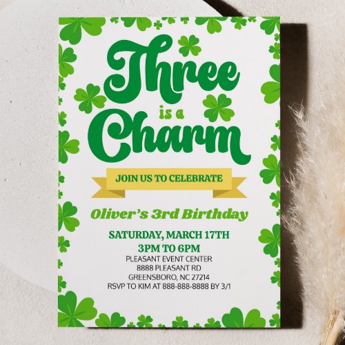 Three Charm St Patricks Day 3rd Birthday Party Invitation