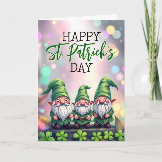 Three Cheerful Gnomes & Shamrocks St Patrick's Day Card (Front)