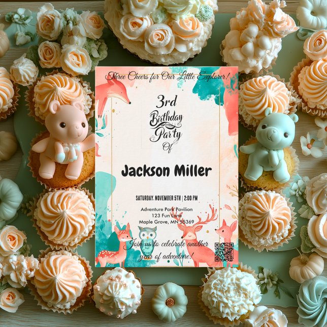 Three Cheers 3rd Birthday Fox, Owl, and Deer Invitation (Creator Uploaded)
